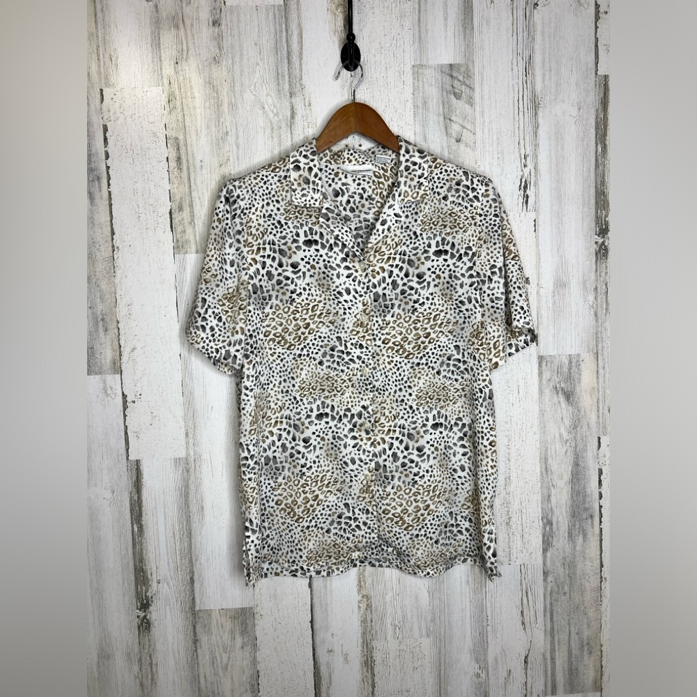 Alfred Dunner Women's Leopard Cheetah Print Button Front Top White Tan Size 14